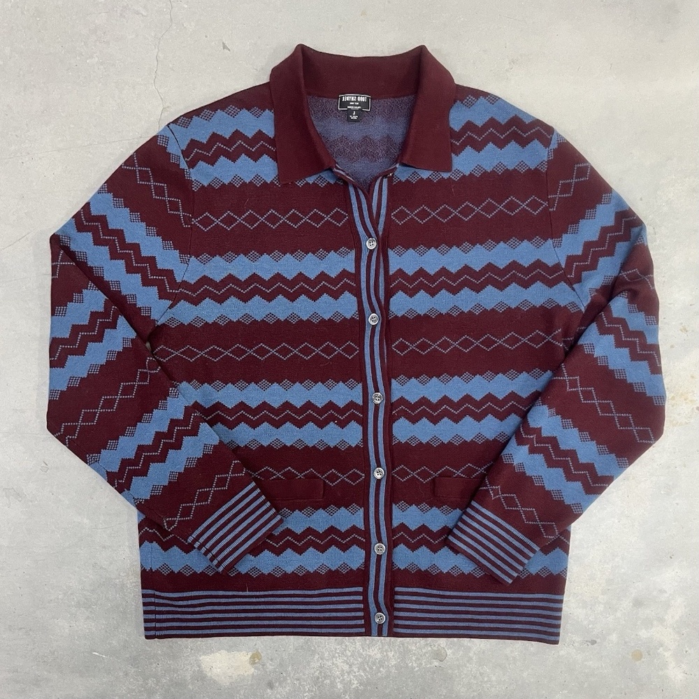 Todd Snyder Wool 🐑 Knit Polo Cardigan in Maroon and Blue